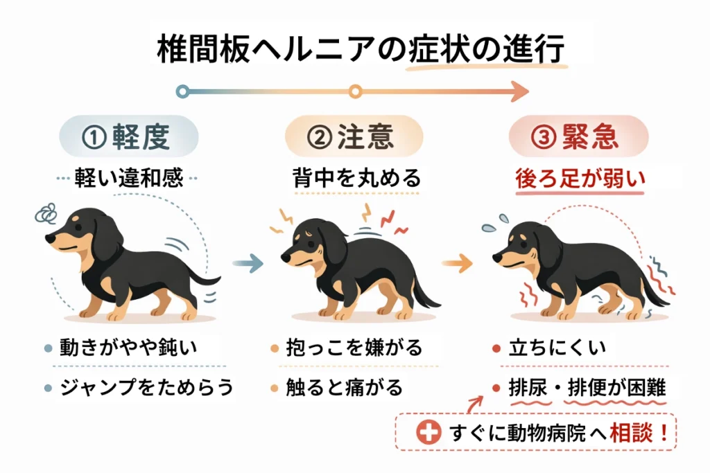 ダックスフンド椎間板ヘルニアの症状の進行レベル解説図