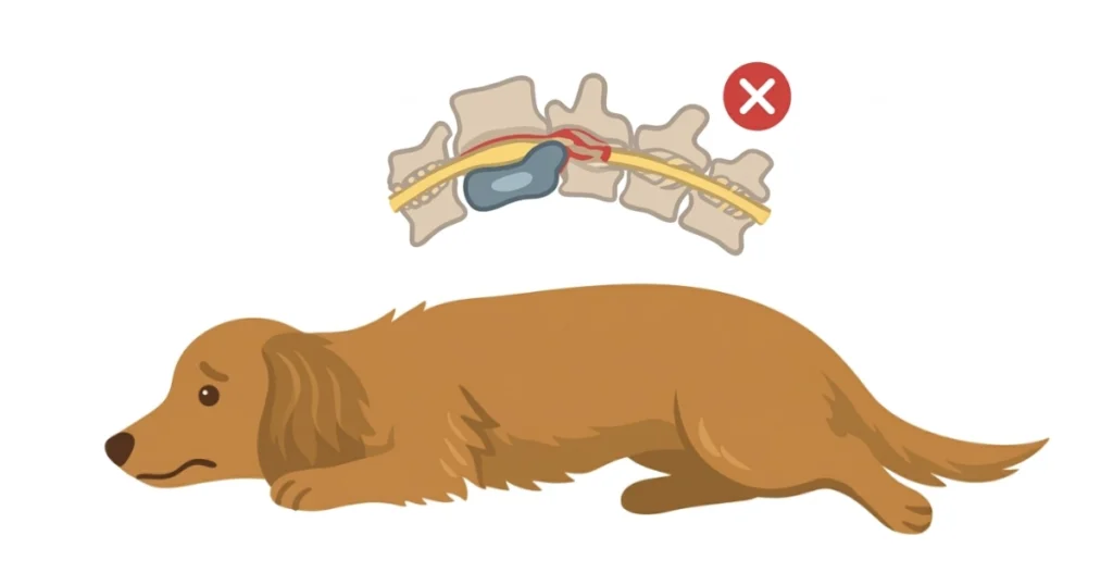 ヘルニアグレード3の後ろ足に麻痺が出ている状態。