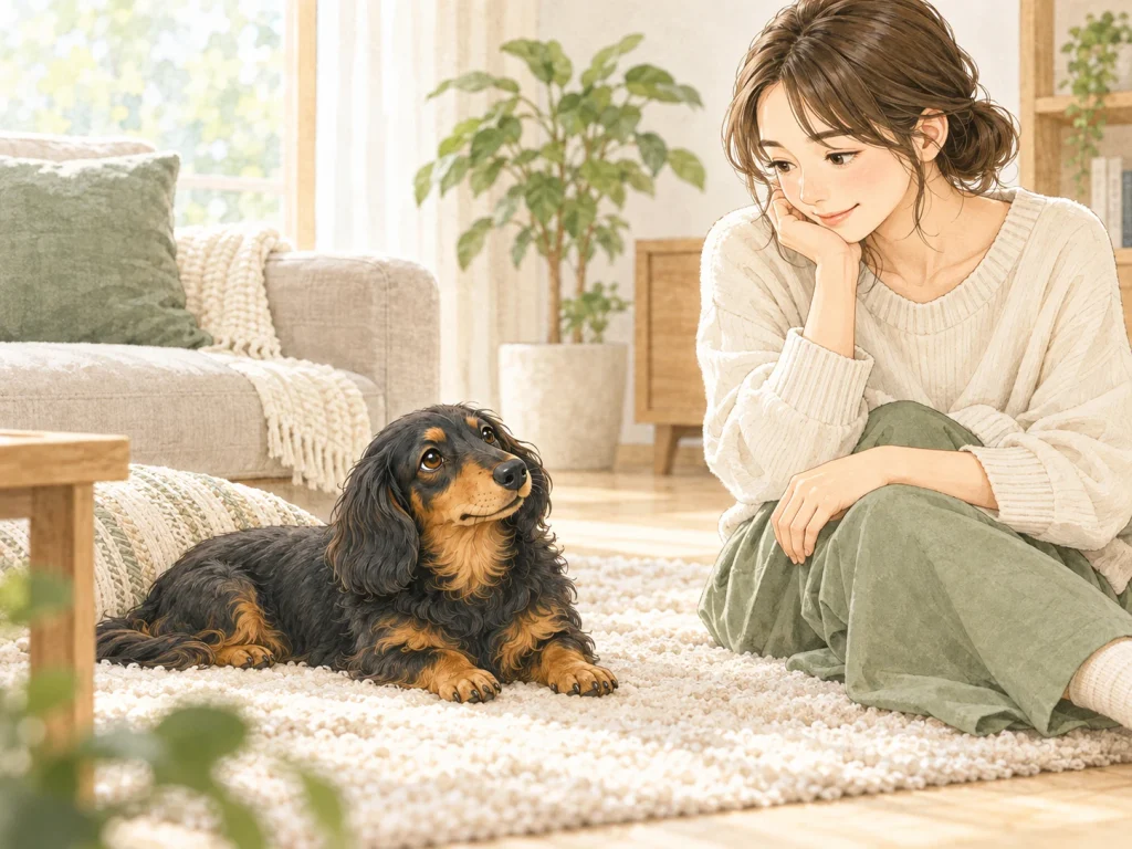 リビングでくつろぐダックスフンドを、飼い主が近くで穏やかに見守っている様子のイラスト
