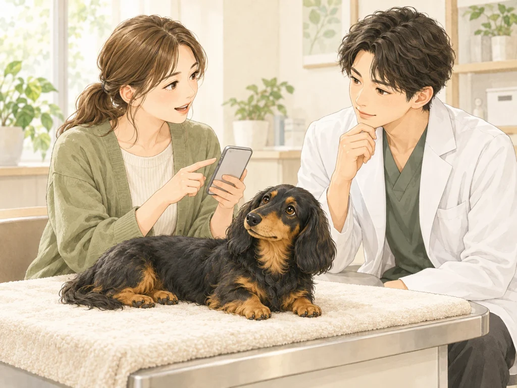 動物病院の診察室で、飼い主がスマートフォンの記録を見せながら獣医師に相談している様子のイラスト