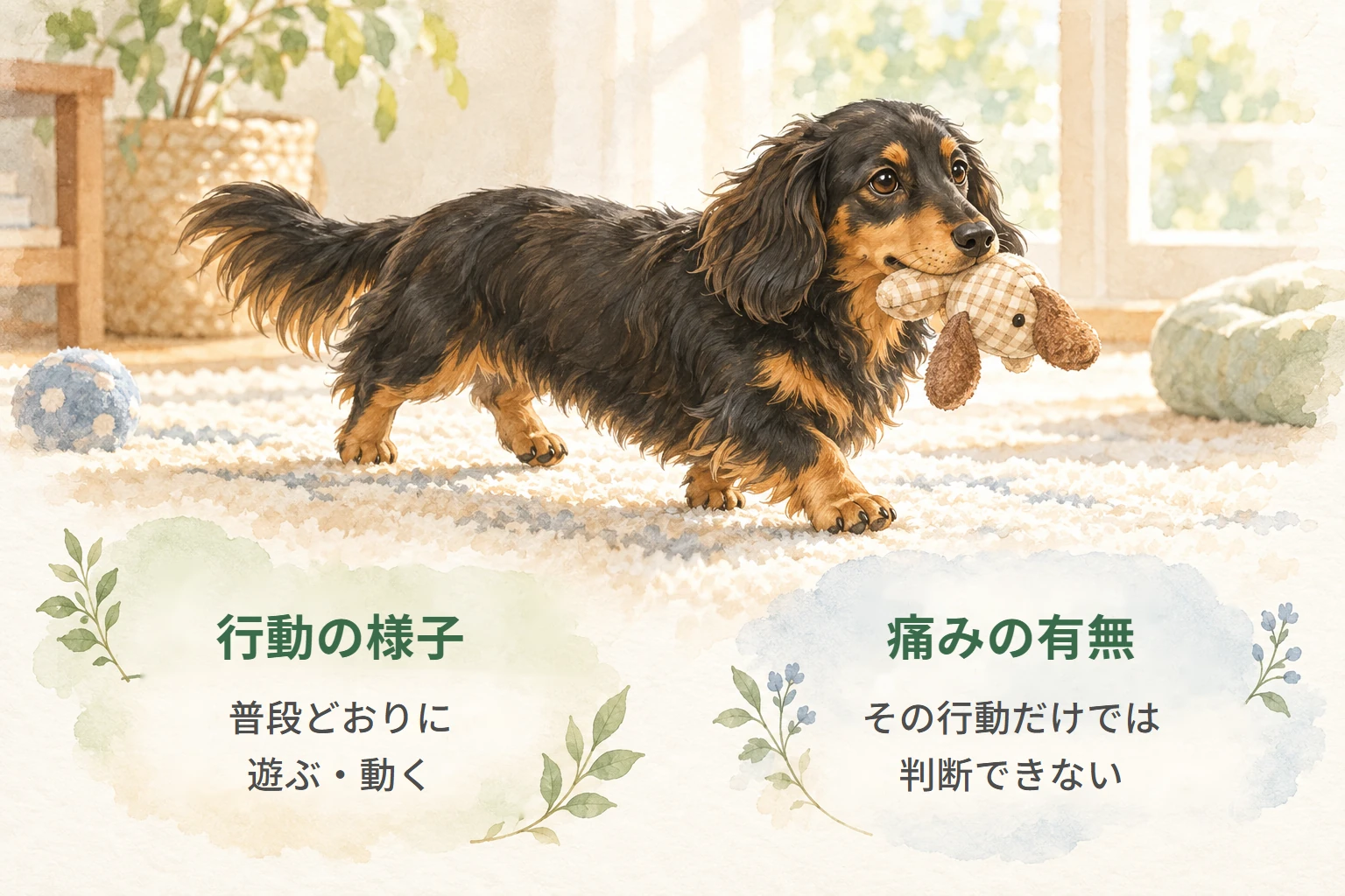 ぬいぐるみをくわえて歩くダックスフンドと、『行動の様子』と『痛みの有無』は、その行動だけでは判断できないことを示す図