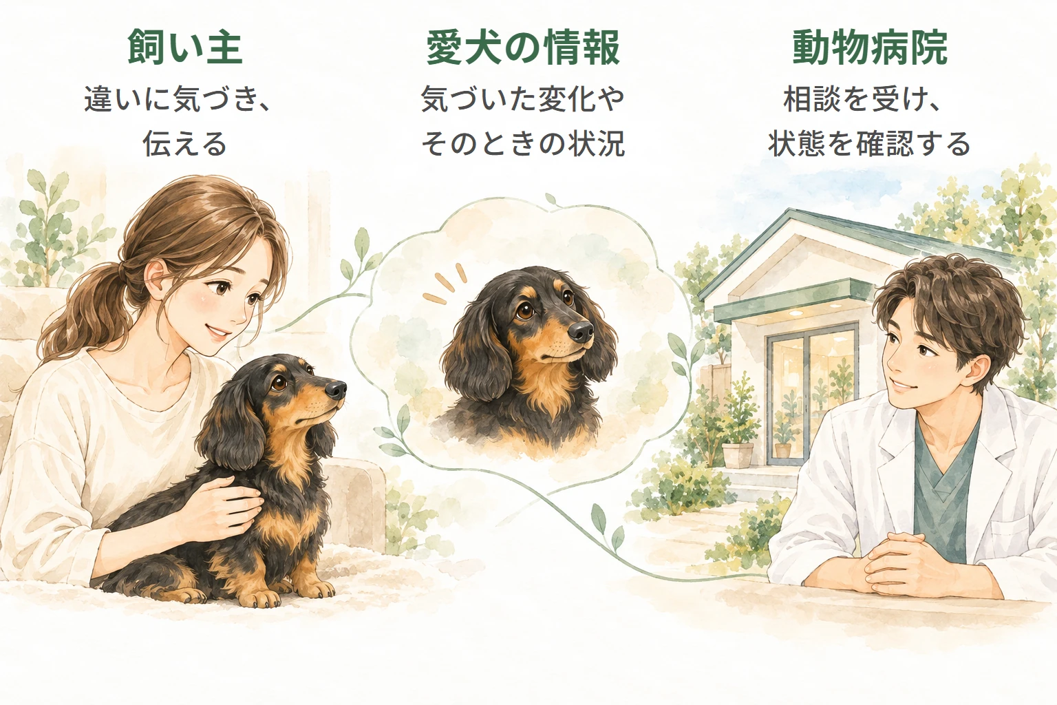 飼い主が違いに気づいて伝え、愛犬の情報をもとに動物病院が相談を受けて状態を確認する、という役割の関係を示す図