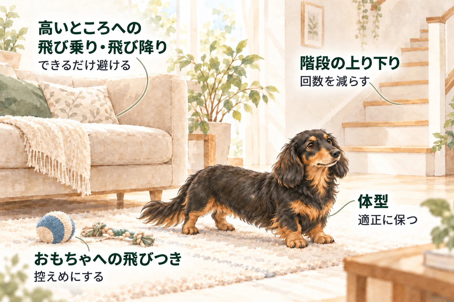 ダックスフンドのいる室内で、飛び乗り・飛び降り、階段、おもちゃへの飛びつき、体型について、背中や腰への負担を減らす工夫を示す図
