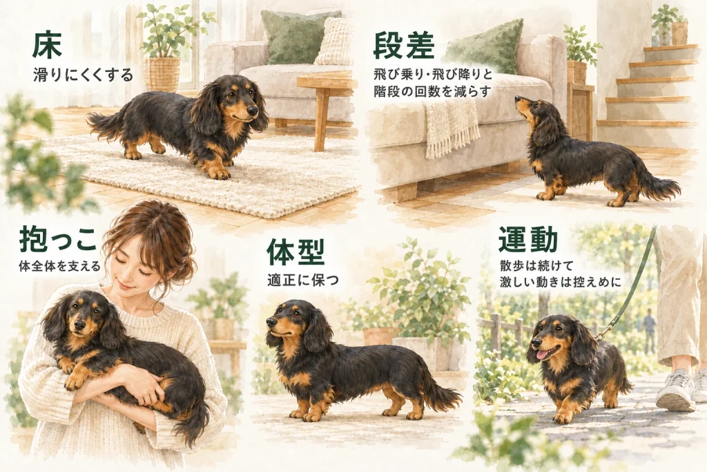 ダックスフンドの暮らしの中で、背中や腰への負担を減らすために見直せる、床・段差・抱っこ・体型・運動の5つの場面を示すイラスト
