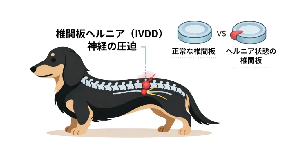 ダックスフンド椎間板ヘルニア（IVDD）神経の圧迫の解説図