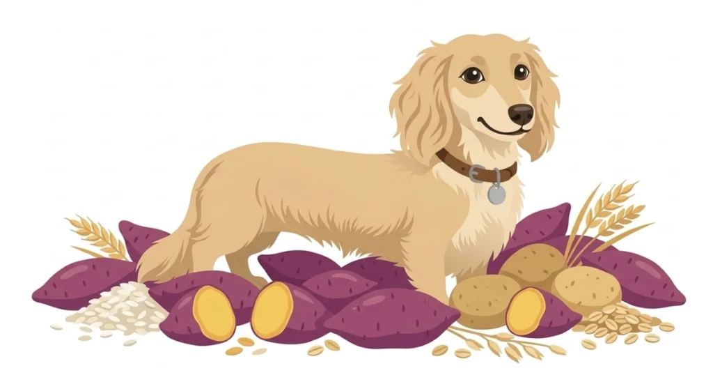 炭水化物食材のお米、麦、ジャガイモ、さつまいもとダックスフンド 