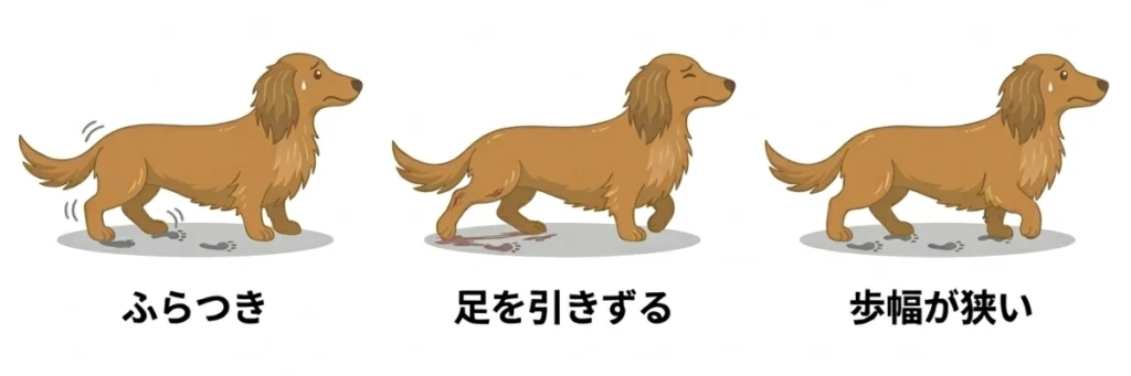 ヘルニアの歩行異常の一例。ふらつき、足を引きずる、歩幅が狭い。
