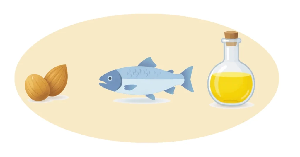 ダックスフンドの健康に関わる脂質を含む食材（サーモン・ナッツ・オイル）のイメージ