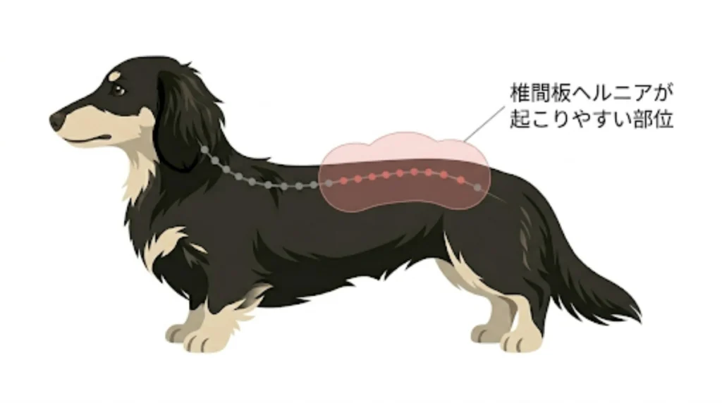ダックスの背骨と椎間板ヘルニアの位置を示した図