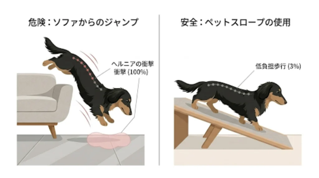 段差での危険な例と安全な例を説明した図。