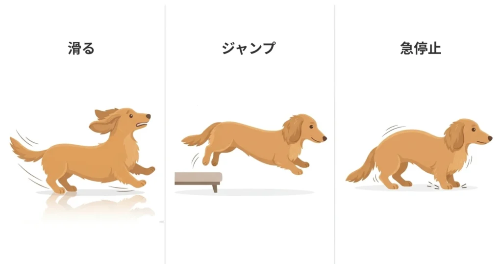 ダックスの滑る、ジャンプ、急停止図
