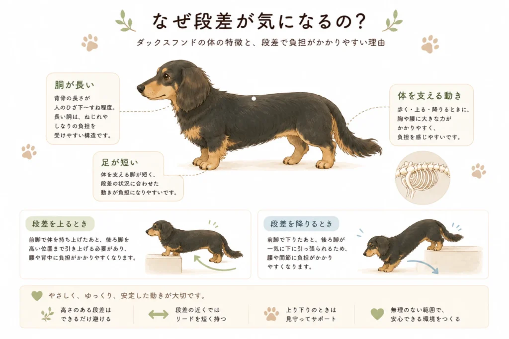ダックスフンドの体型と段差で体を支えるイメージ