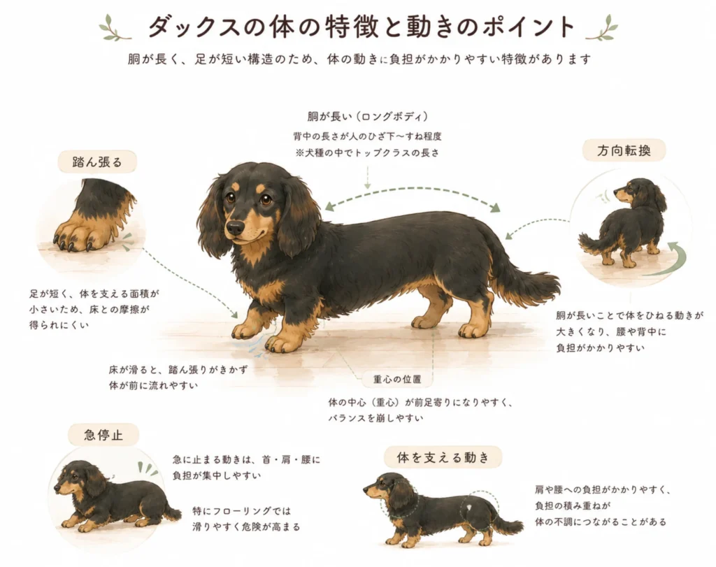 ダックスが滑る床で踏ん張るイメージ