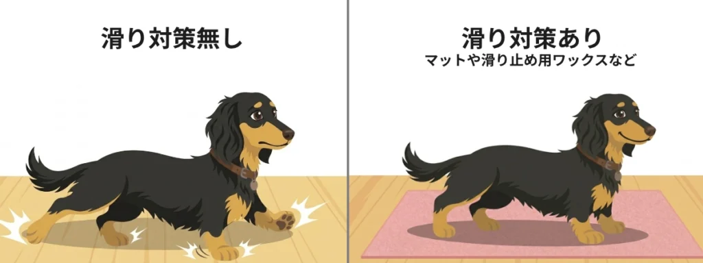ダックスフントが滑り対策無しとありの比較図