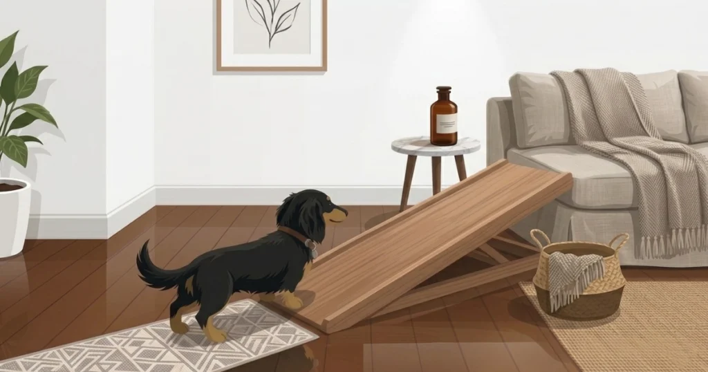 ダックスフントの滑り対策である滑り止め用ワックス、スロープ、マットレスが設置されたりびんぐ