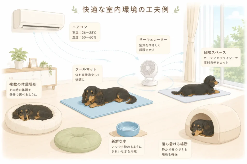 エアコン/空気循環/水/日陰/冷却マット/逃げ場図解