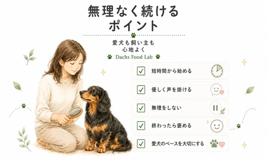 ブラッシングを無理なく続けるためのポイントをまとめた図解。短時間から始めること、優しく声を掛けること、無理をしないこと、終わったら褒めること、愛犬のペースを大切にすることを分かりやすく整理している。