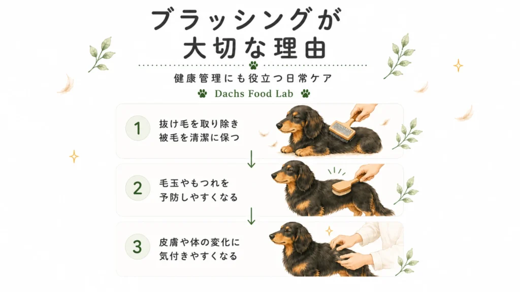 ブラッシングが大切な理由をまとめた図解。健康管理にも役立つ日常ケアとして、抜け毛や汚れを取り除くこと、毛玉やもつれを予防しやすくなること、皮膚や体の変化に気付きやすくなることを3つの理由で分かりやすく整理している。
