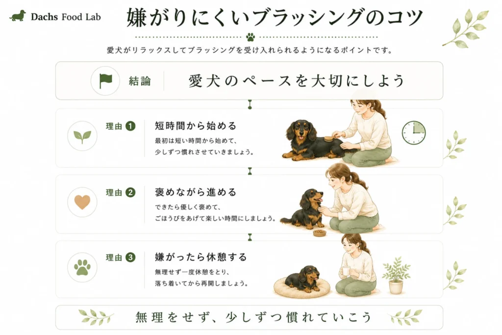 ダックスが嫌がりにくいブラッシングのコツ(短時間・褒める・休憩)