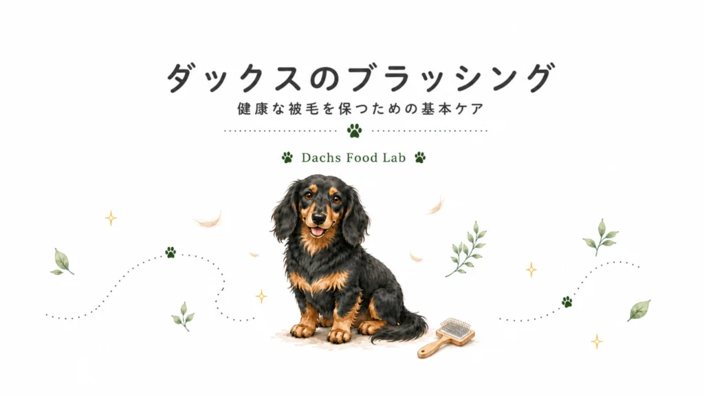 ブラッシングされて気持ちよさそうにしているロングヘアードダックスフンドと、やさしくブラシをかける飼い主を描いたアイキャッチイラスト。