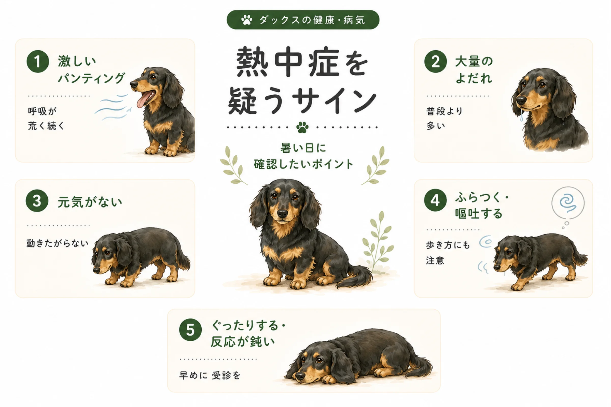 ダックスの熱中症を疑うサインをまとめた図解。激しいパンティング、大量のよだれ、元気がない、ふらつきや嘔吐、ぐったりして反応が鈍いなど、暑い日に確認したい主な変化を整理した教育図解。