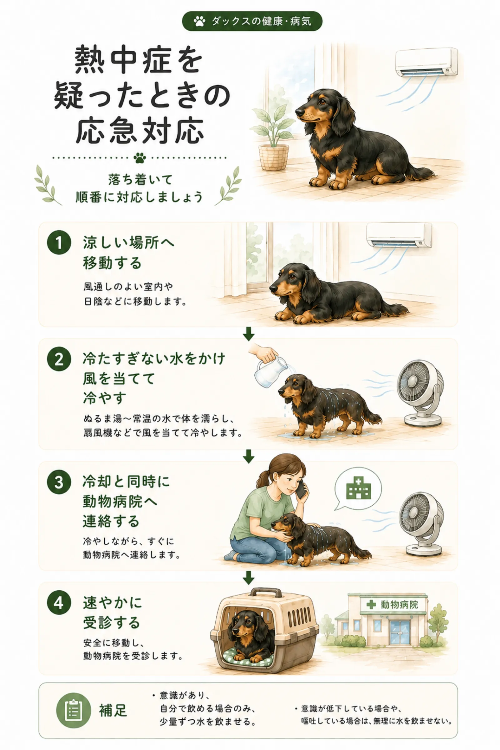 ダックスの熱中症が疑われるときの応急対応を4つの手順でまとめた図解。涼しい場所への移動、体の冷却、動物病院への連絡、受診までの流れを分かりやすく紹介している。