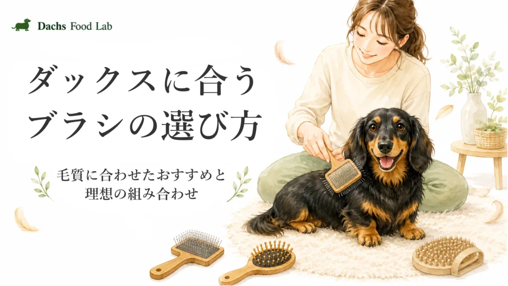 ブラッシングを受けて気持ちよさそうにしているロングヘアードダックスフンドと飼い主のイラスト