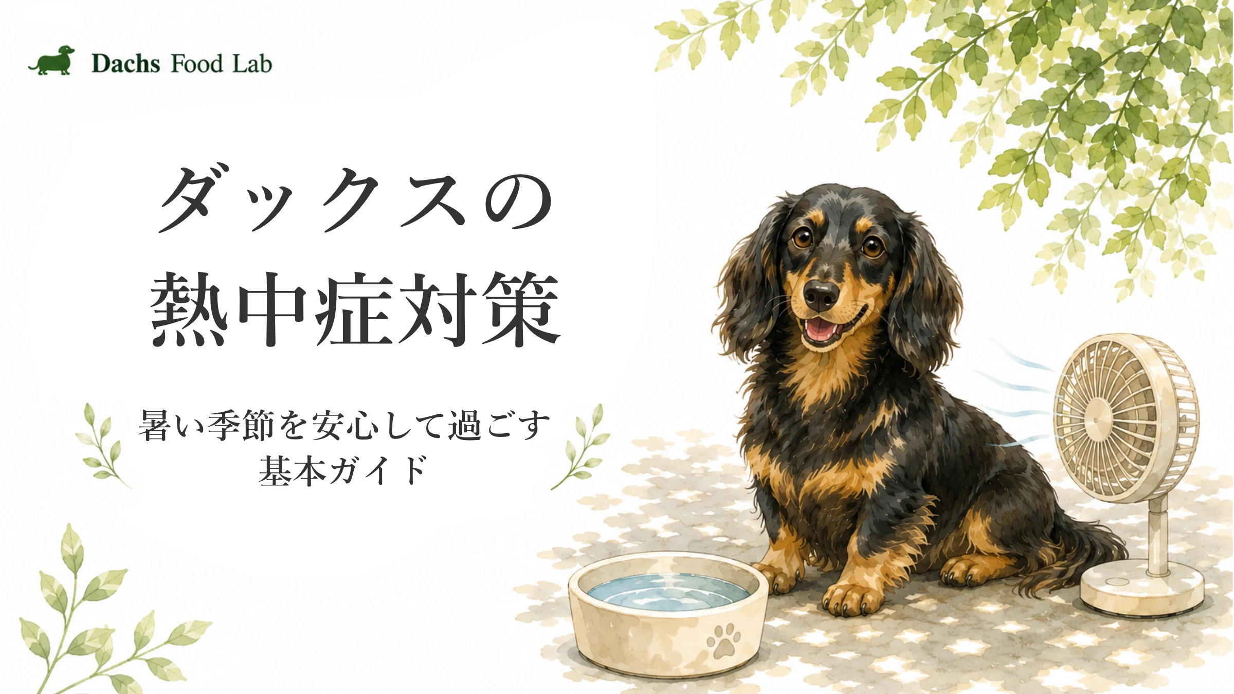 ダックスの熱中症対策を紹介する記事アイキャッチ。夏のやさしい雰囲気の中で、暑さへの配慮や水分補給をイメージしたモチーフと落ち着いた表情のダックスを描いたイラスト。