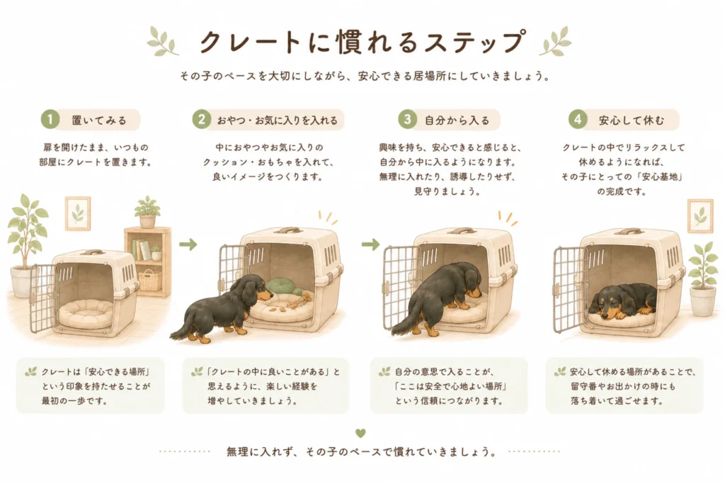 クレートに無理なく少しずつ慣れていく流れ