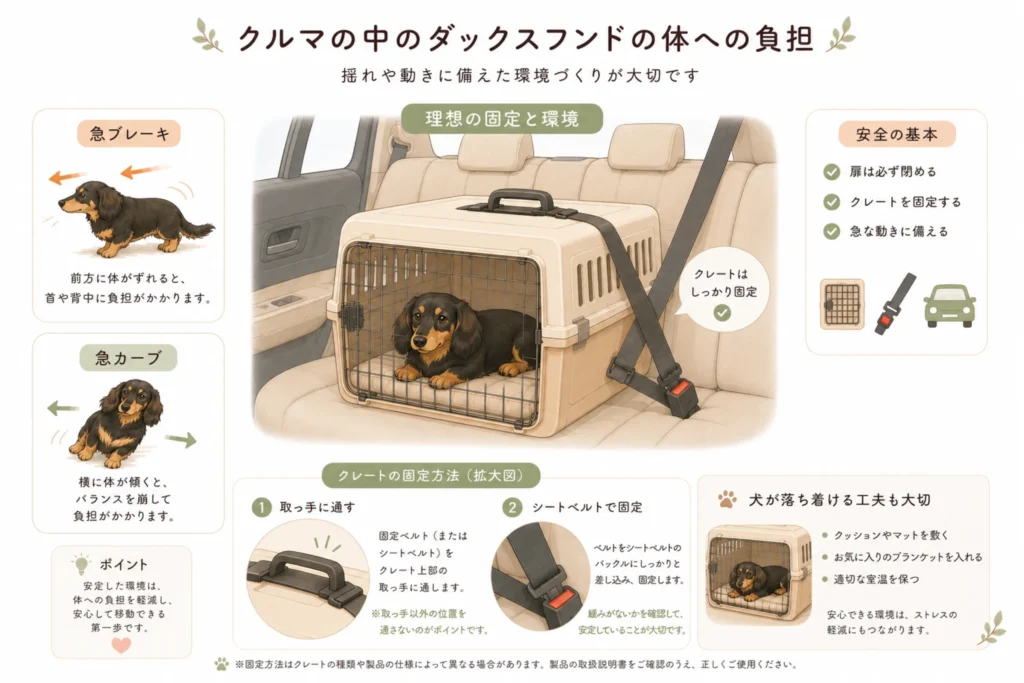 ダックスが車内で体勢を保つイメージ