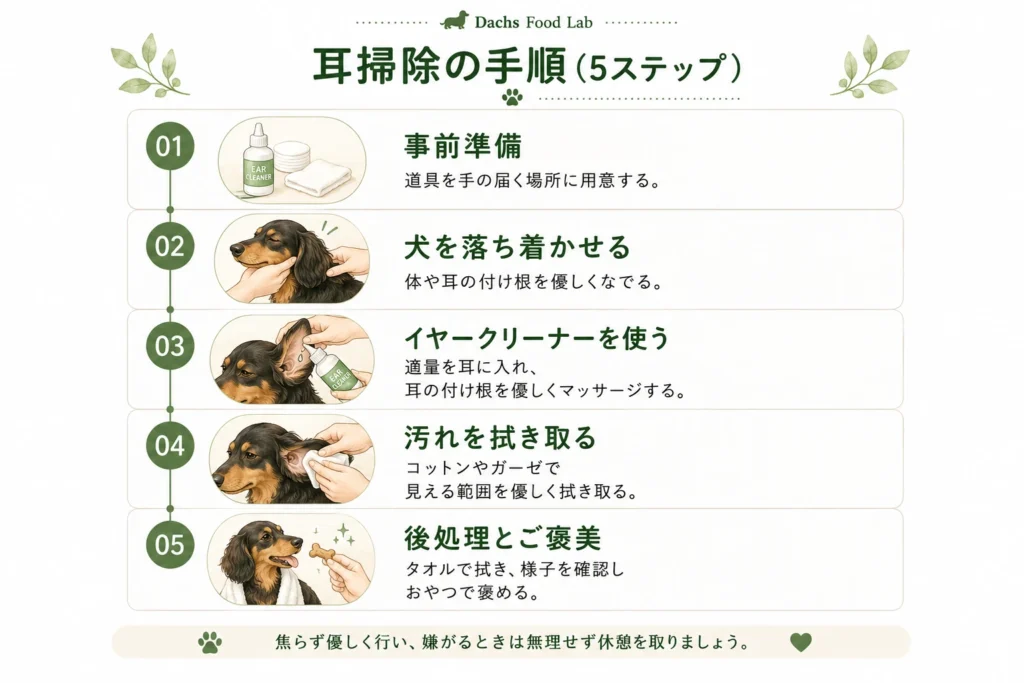 ダックスフンドの耳掃除の手順を5ステップで示した図解(事前準備・犬を落ち着かせる・イヤークリーナーを使う・汚れを拭き取る・後処理とご褒美)