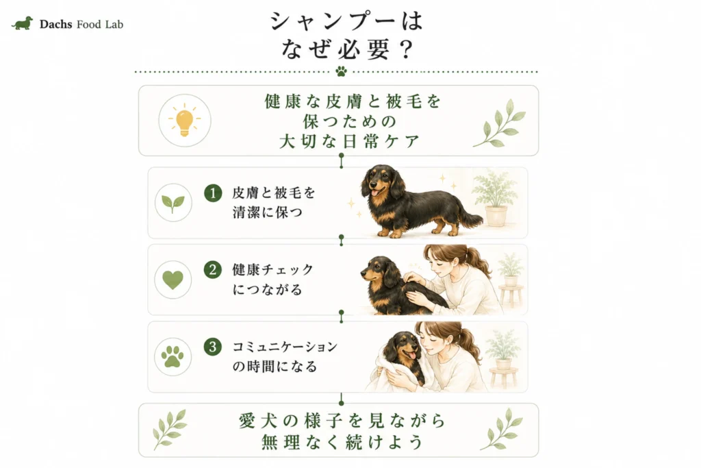 ダックスにシャンプーが必要な理由（清潔・健康チェック・コミュニケーション）をまとめた図解