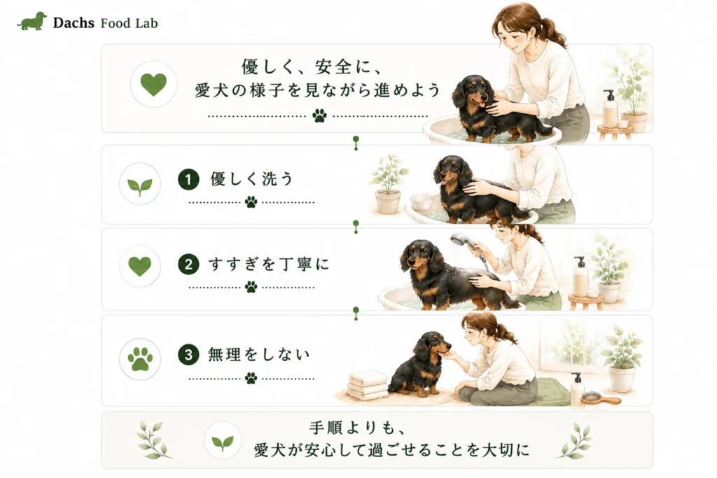 ダックスを自宅でシャンプーするときに大切なポイントをまとめた図解