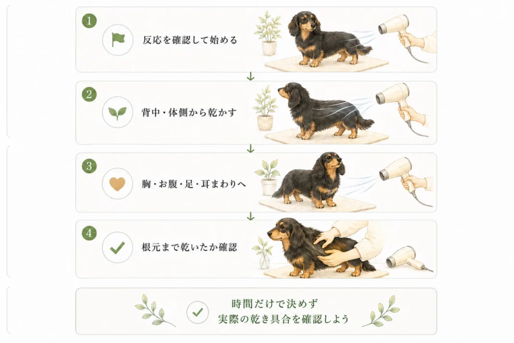 ダックスをドライヤーで乾かす基本の流れを順番にまとめた図解