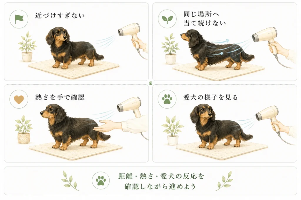 ダックスにドライヤーを安全に使うための風の距離や当て方、熱さの確認ポイントをまとめた図解