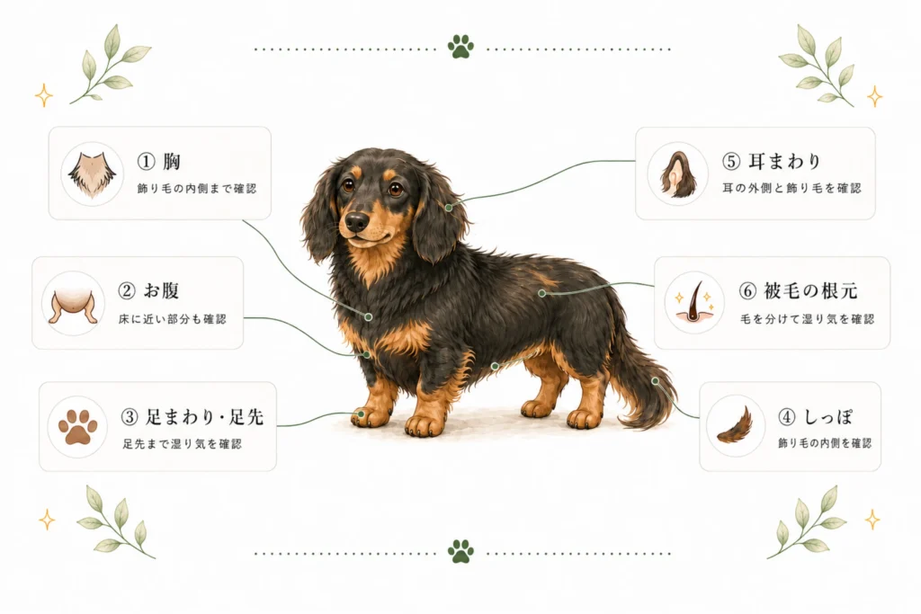 ダックスのドライヤー後に乾き残しを確認したい胸、お腹、足まわり、しっぽ、耳まわり、被毛の根元をまとめた図解