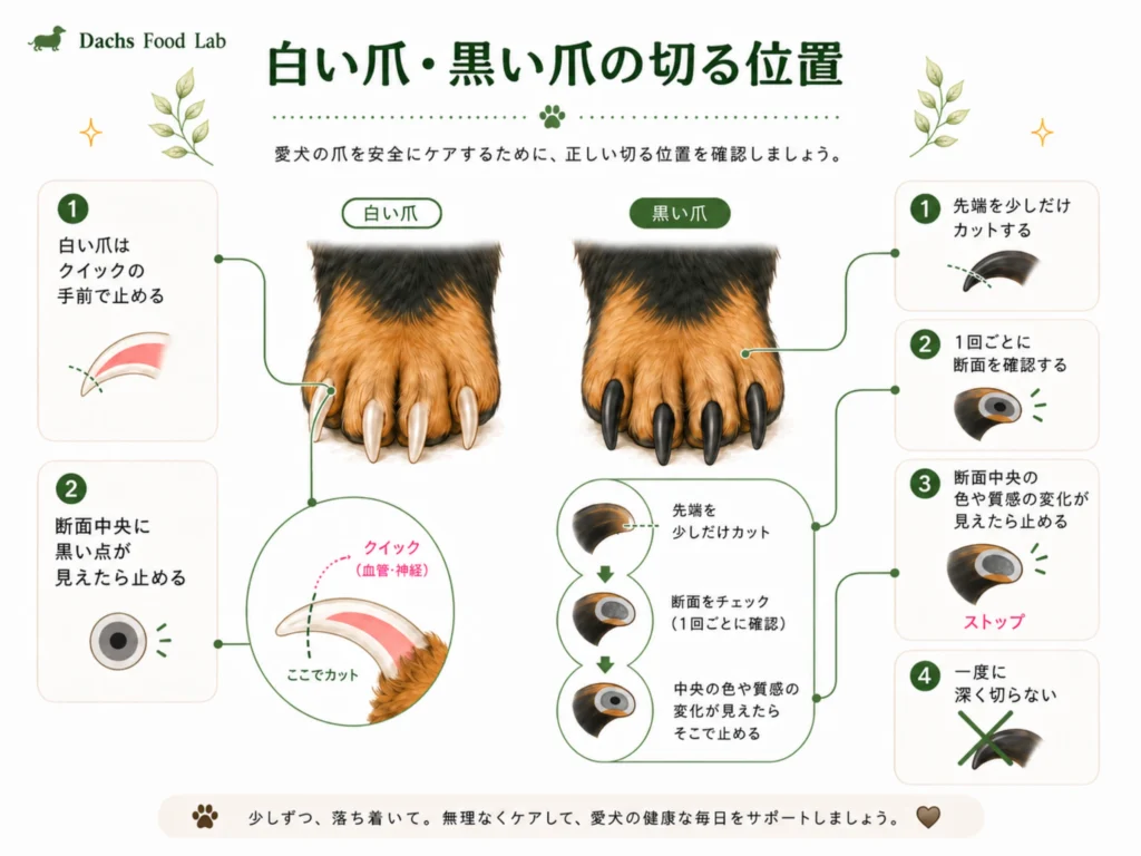 犬の白い爪と黒い爪で安全に切る位置とクイックの確認方法を比較した図解