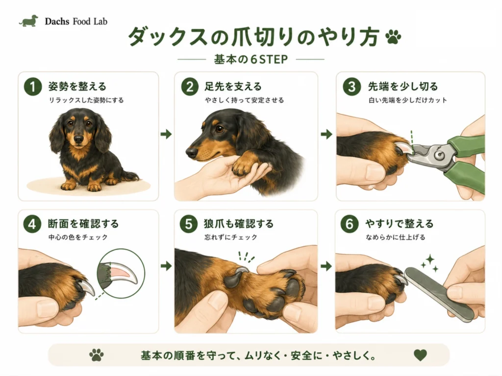 ダックスの爪切りを安全に進める6つの基本手順をまとめた図解