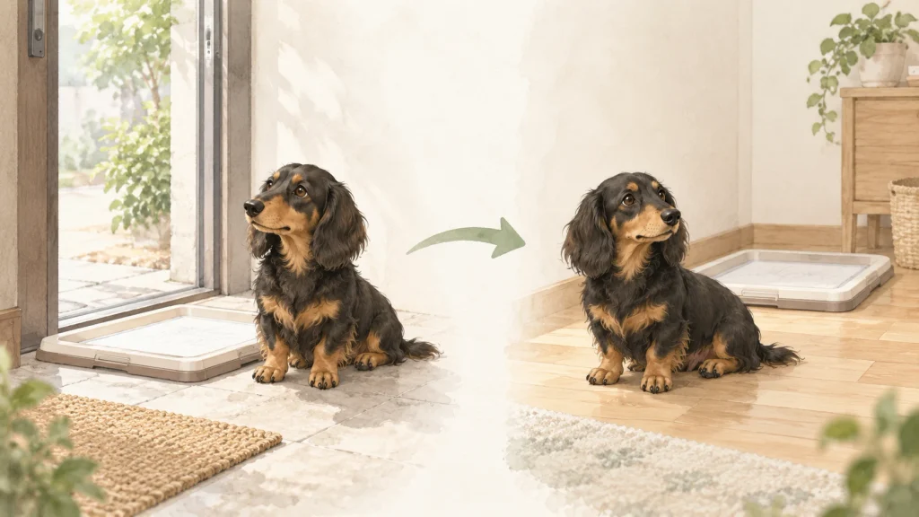 トイレの位置を、玄関付近など外に近い場所から室内の奥へ少しずつ移していく2つの場面を並べた図解