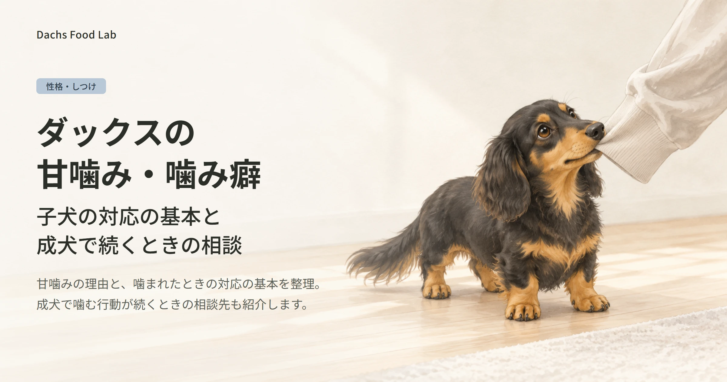 子犬のダックスフンドが、飼い主の袖口を軽く甘噛みしている様子を描いた、ダックスの甘噛み・噛み癖の記事のアイキャッチ画像